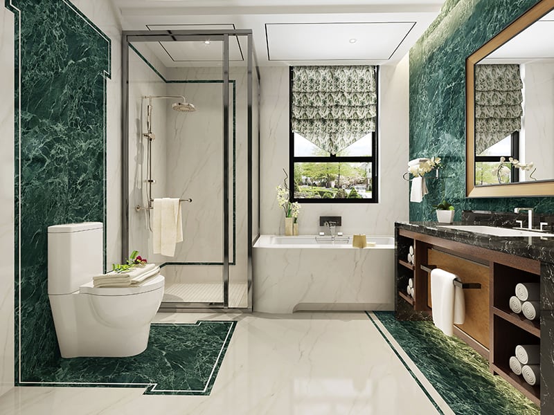 Rainforest green marble bathroom