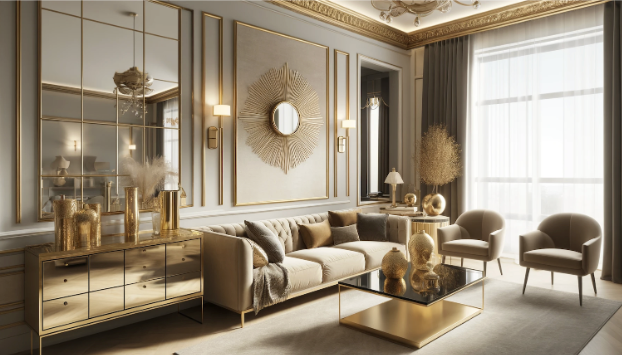 Elegant living room with gold accents, including a gold-framed mirror, gold-legged tables, and decorative gold objects on a sideboard and coffee table, all complementing a neutral color palette