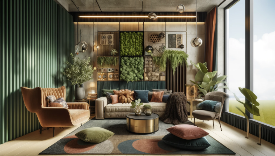 A modern living room boasting a blend of biophilic design elements with lush greenery, a mix of cozy textiles, and a colorful geometric rug, paired with contemporary furniture in a vibrant, nature-inspired palette.