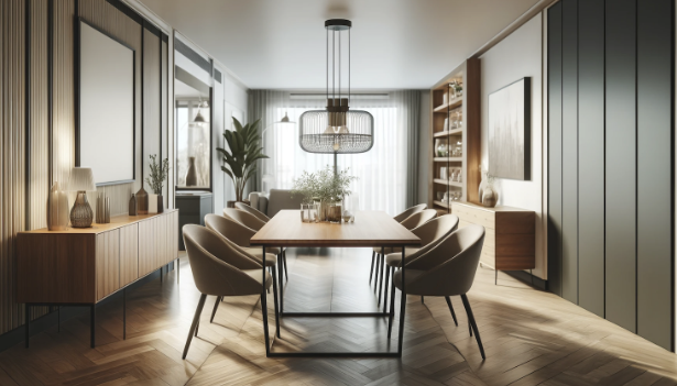 Elegant dining room with a modern wooden dining table and comfortable chairs.