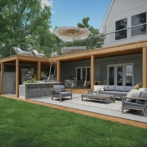 Modern backyard with outdoor seating area and upper deck with lounge chairs and umbrella.