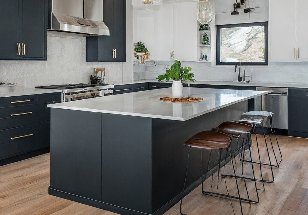 A modern two tone kitchen featuring black and white cabinets, a large island, pendant lighting, and wooden bar stools.