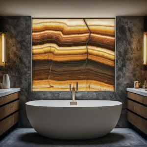 Luxurious bathroom with a backlit onyx wall and freestanding bathtub.