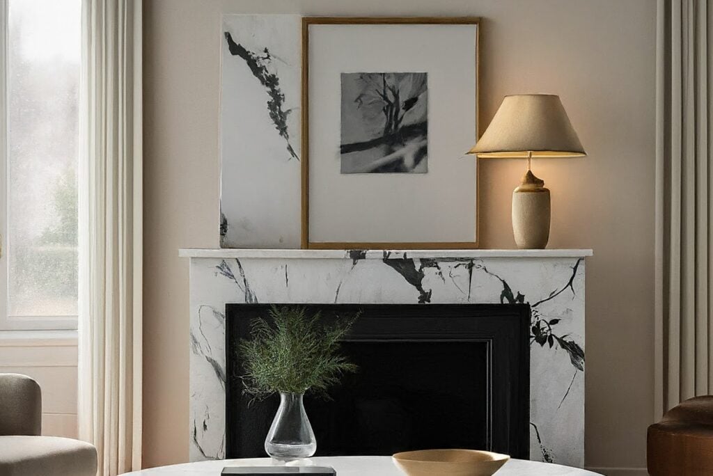 A modern living room featuring a fireplace with bold veined marble, a low round marble coffee table, and minimalist decor, including framed art and a table lamp.